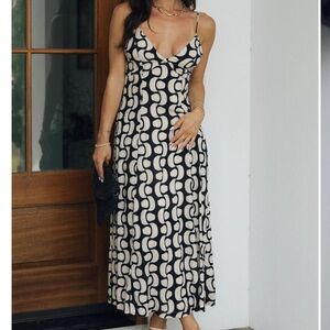 Sincerely Jules Black Cream Geometric Swirl Maxi Dress Adjustable Straps XL